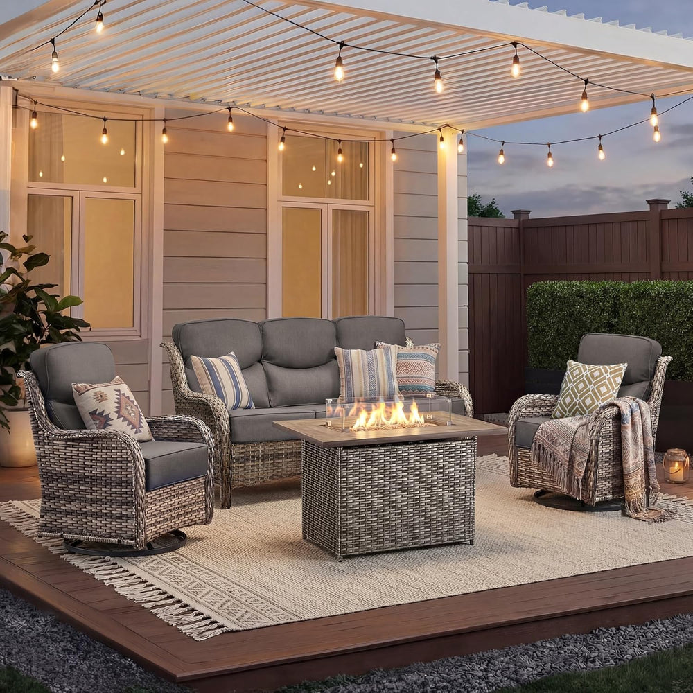 Luxury Patio Furniture Set with Fire Pit Table-4 Pieces High Back Wicker Swiv...