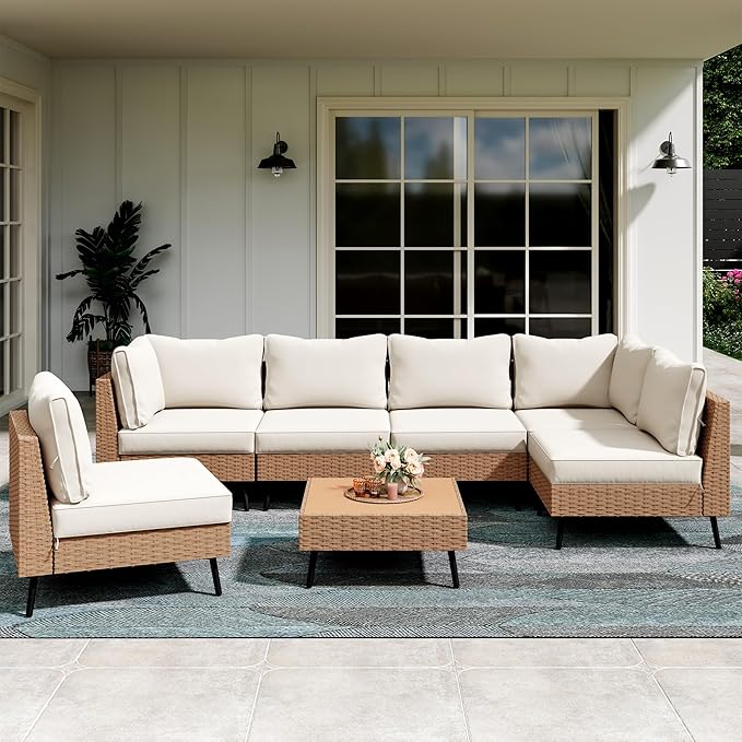 LAUSAINT HOME Outdoor Patio Furniture, 7 Piece Outdoor Sectional Sofa PE Ratt...