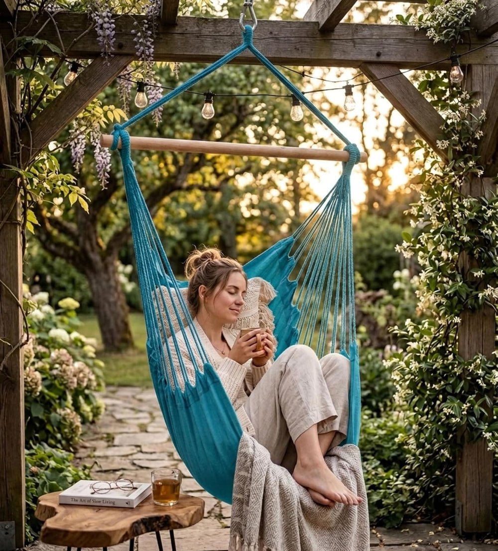 XXL Brazilian Hammock Chair, Blue – 185 x 125 cm Cotton Blend Hanging Chair, ...