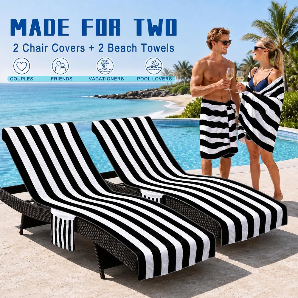 4-Piece Beach Set with 2 Chaise Lounge Chair Towel Covers and 2 Beach Towels,...