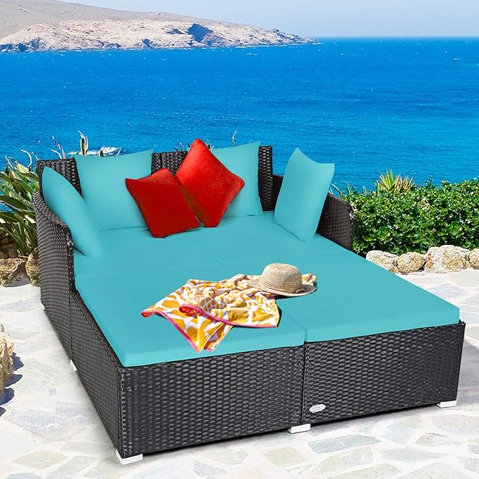 COSTWAY Outdoor Patio Rattan Daybed, Sponge Cushioned Loveseat Sofa with 4 Pi...