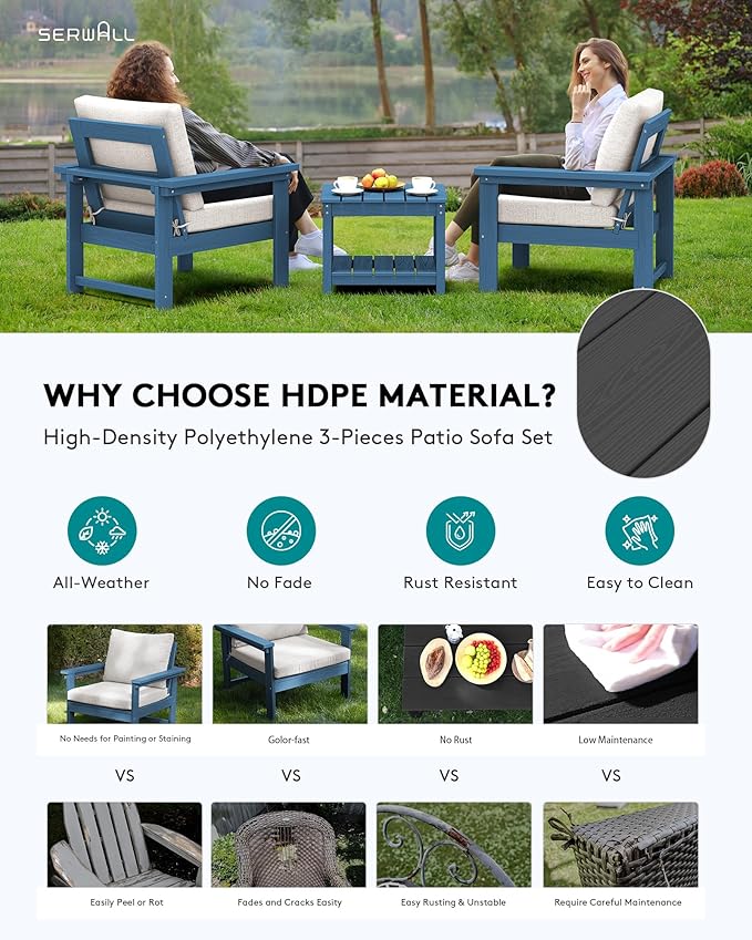 SERWALL HDPE Patio Sofa Set, 3-piece Sectional Outdoor Furniture Set, All Wea...