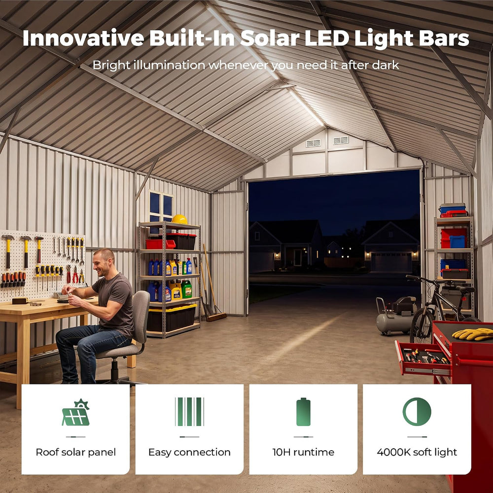 13x20x9.5 FT Outdoor Metal Garage, Enclosed Carport with Solar Light Bars