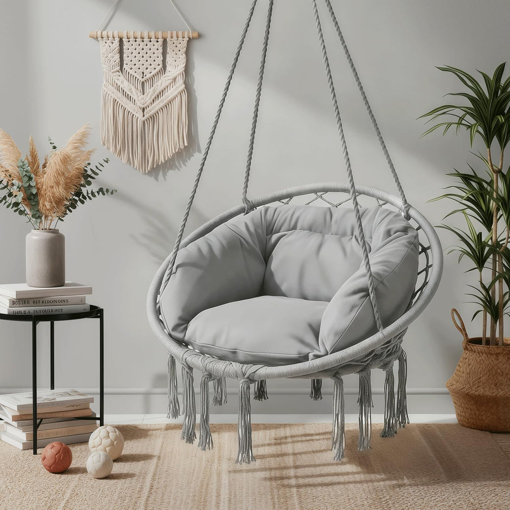 Monibloom Hanging Hammock Chair with Cushion, Macrame Swing Chair, Gray
