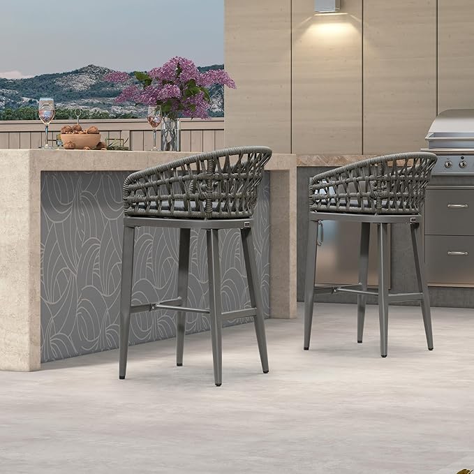 PURPLE LEAF Outdoor Rattan 29" Bar Stools Set of 2, Modern Boho Aluminum...