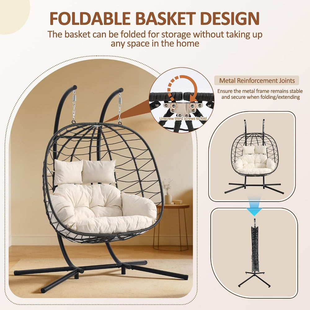 Double Egg Chair with Stand, 650 LBS Capacity, Beige