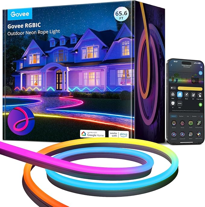 Govee Outdoor Neon Rope Lights, 65.6ft RGBIC IP67 Waterproof Outdoor Decorati...