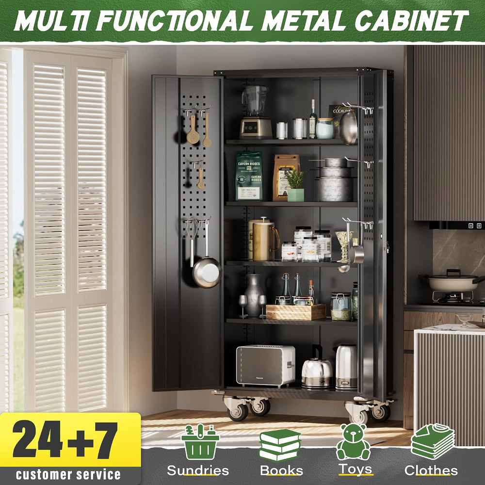 72" Black Metal Storage Cabinet with Wheels, Pegboards, Locking Doors an...