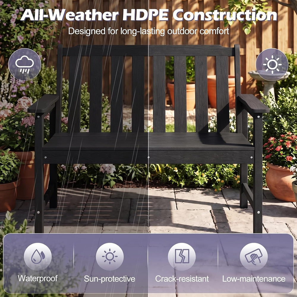 Tangkula 2-Person HDPE Outdoor Garden Bench with Backrest, Black