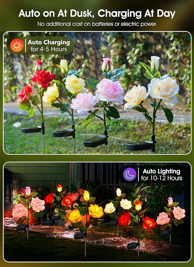 Brightown Outdoor Solar Garden Lights - 4 Pack LED Flower Lights with Realist...