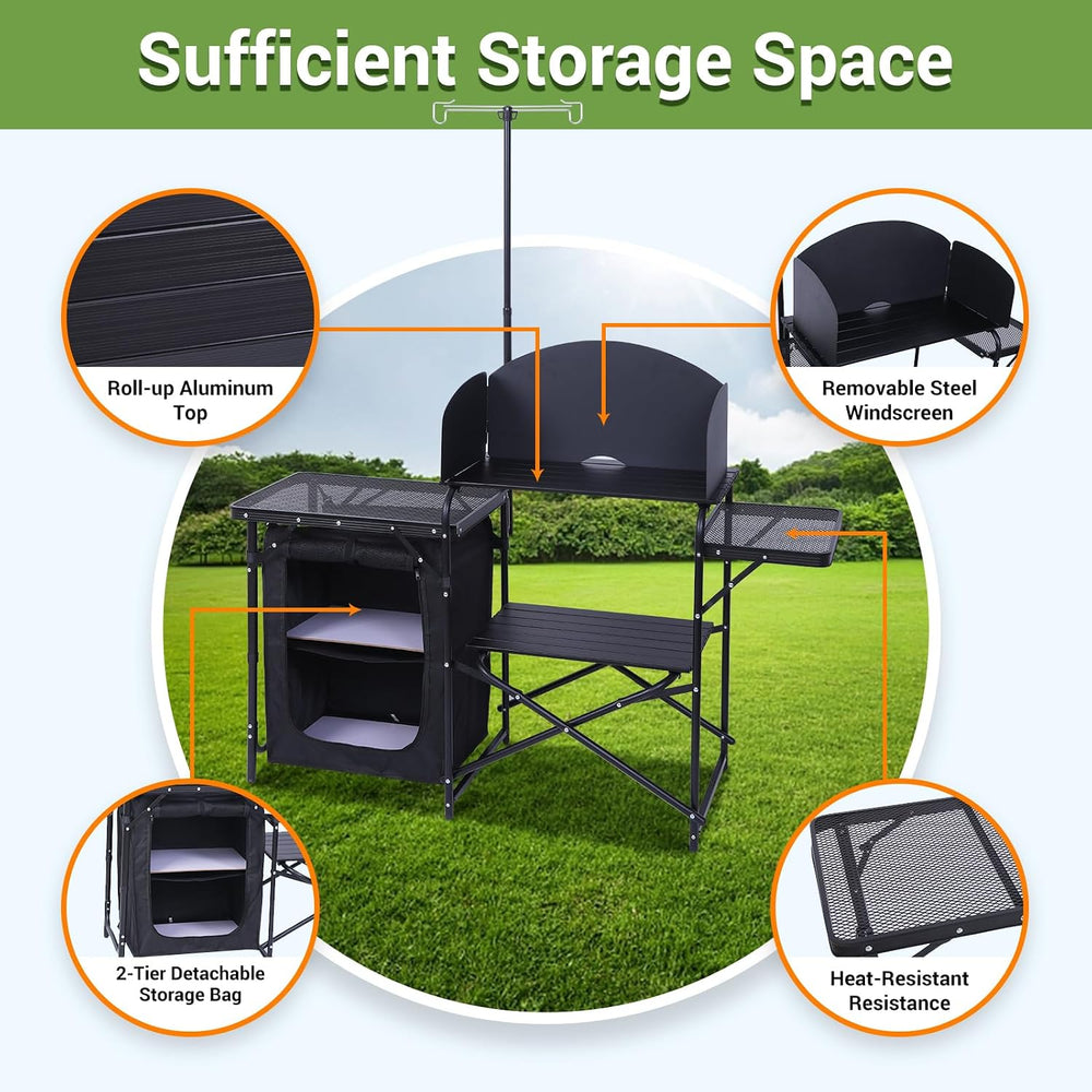 Nice C Camping Kitchen Table Station, Portable Folding Grill Table (Black)
