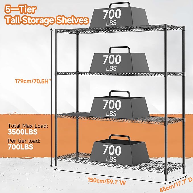 2800LBS 59" W 4 Tiers Storage Shelves Load, Metal Shelving Wire Metal Sh...