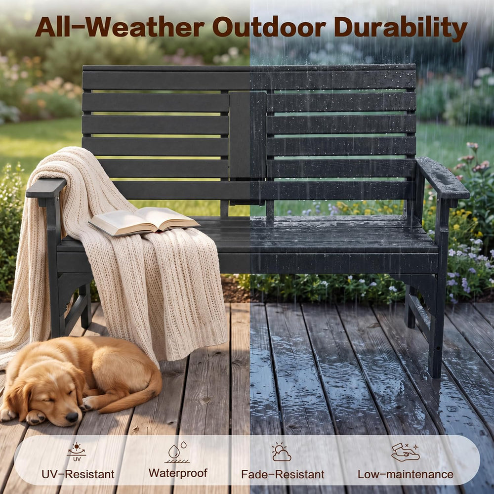 Outdoor Bench, HDPE 2-Person Garden Bench with Cup Holders