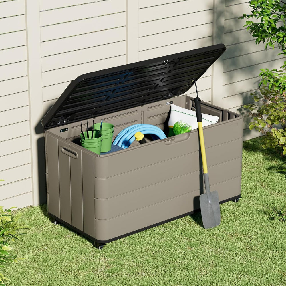 ZZM 110 Gallon Outdoor Deck Box with Wheels, Waterproof Resin Storage Cabinet...
