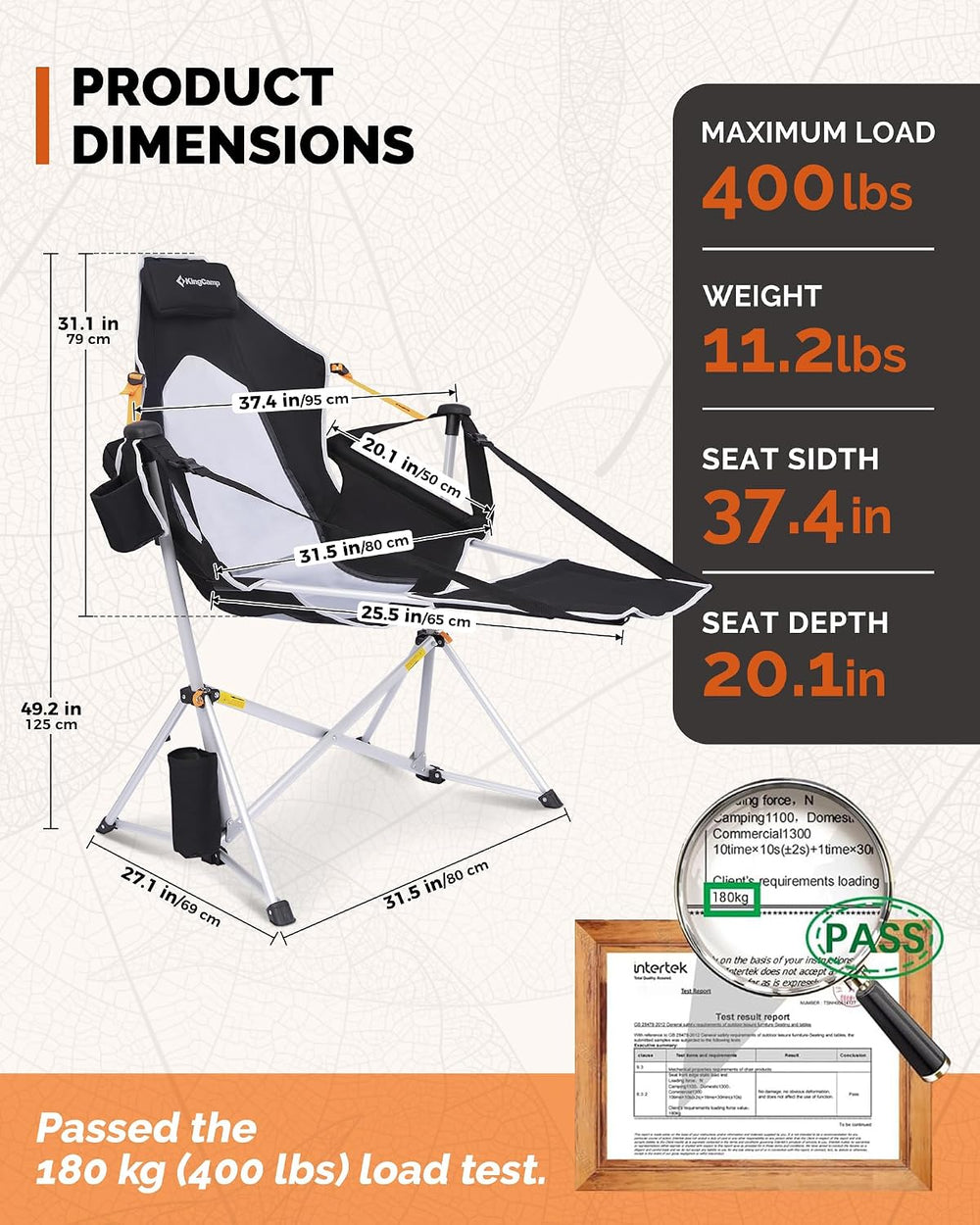 KingCamp Hammock Camping Chair with Footrest & Breathable Mesh Back 400 lbs