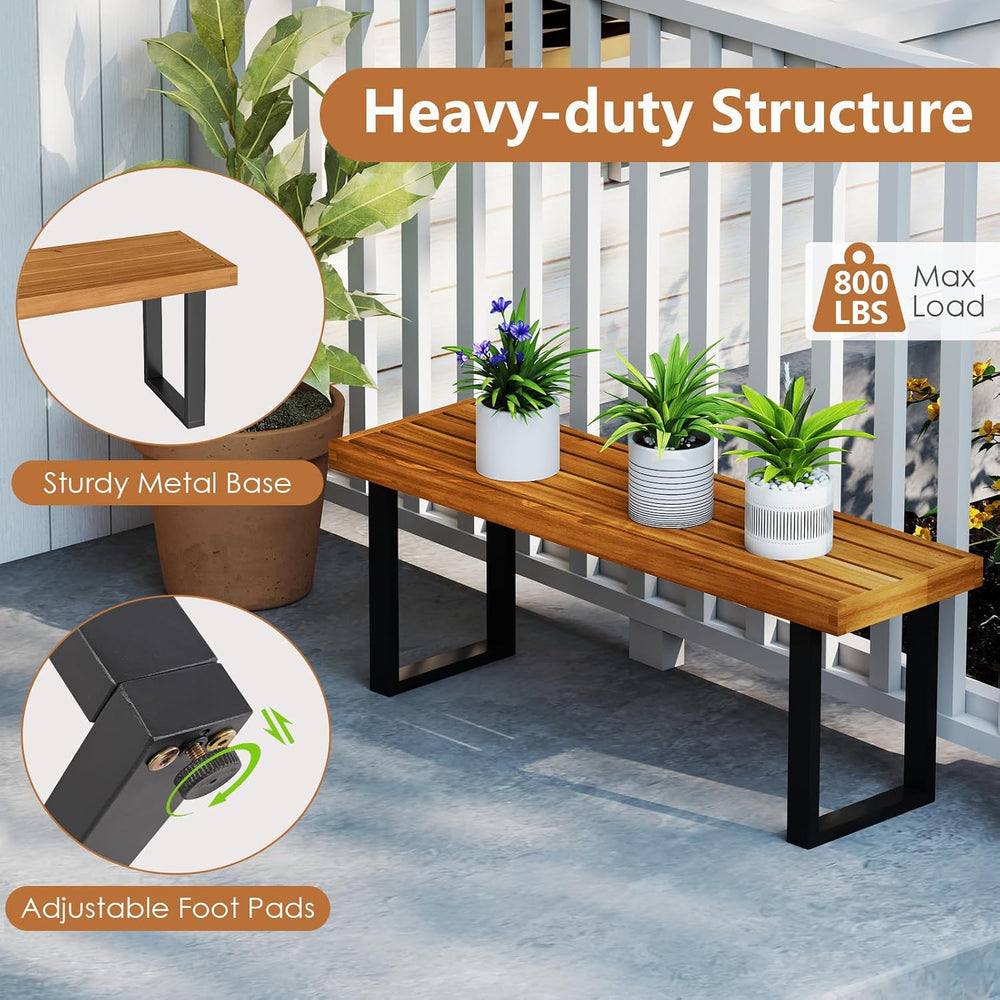 HAPPYGRILL Acacia Wood Bench for 2 People, Outdoor Dining Bench with Metal Le...