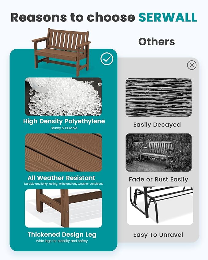 SERWALL Outdoor Bench, HDPE Outdoor Benches Weatherproof, 2-Person Garden Ben...