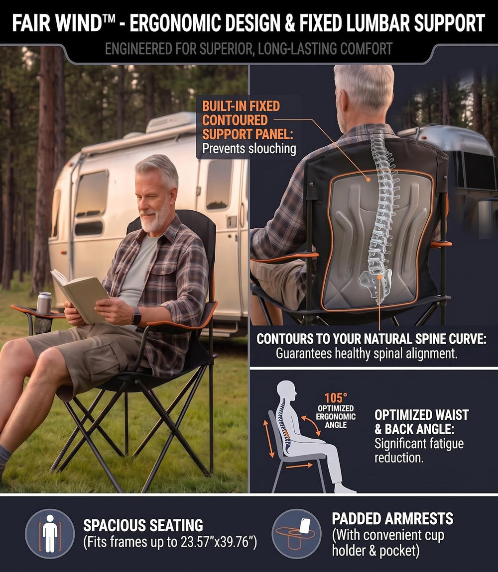 FAIR WIND 2-Pack Padded Oversized Camping Chairs with Lumbar Support