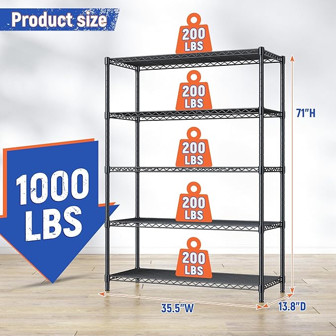 5 Tier Storage Shelves 71"H Wire Shelving Adjustable Metal Shelving,1000...