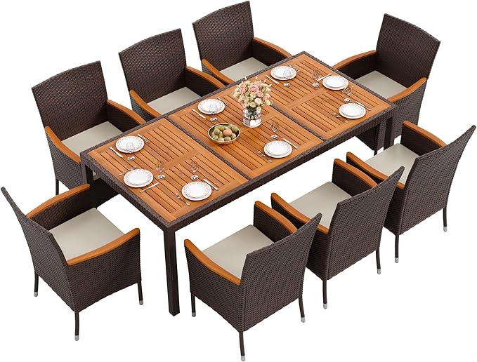 Flamaker 9 Piece Patio Dining Set Outdoor Acacia Wood Table and Chairs with S...