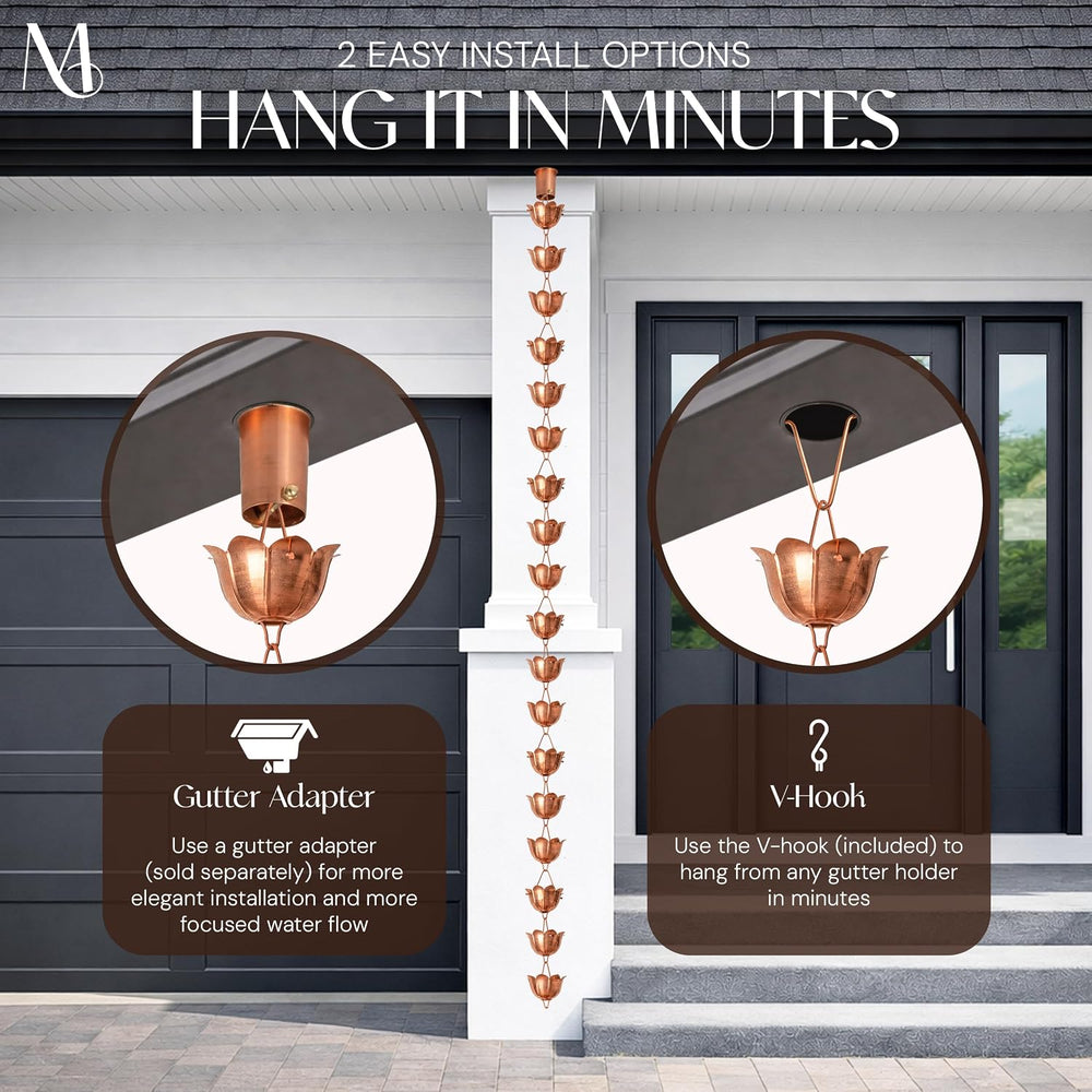 Monarch Rain Chains Pure Copper Lotus Cup Rain Chains for Gutters – 8.5 ft De...