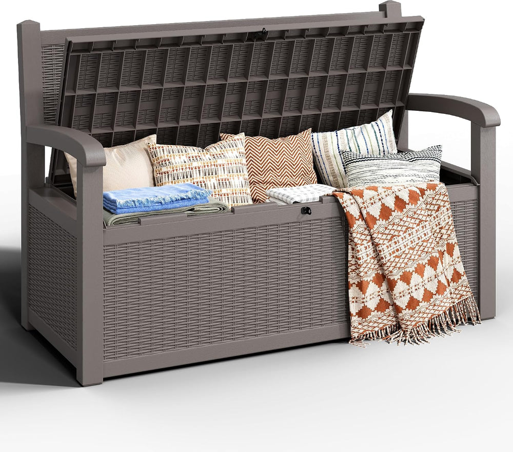 80 Gallon Outdoor Storage Bench, Resin Outside Storage Box with Armrest, Lock...