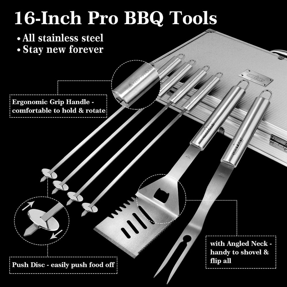 GRILLART BBQ Grill Utensil Tools Set Reinforced BBQ Tongs 19-Piece Stainless-...