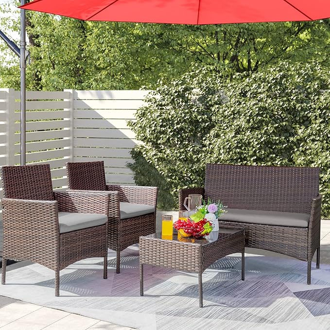 Greesum Patio Furniture 4 Pieces Conversation Sets Outdoor Wicker Rattan Chai...