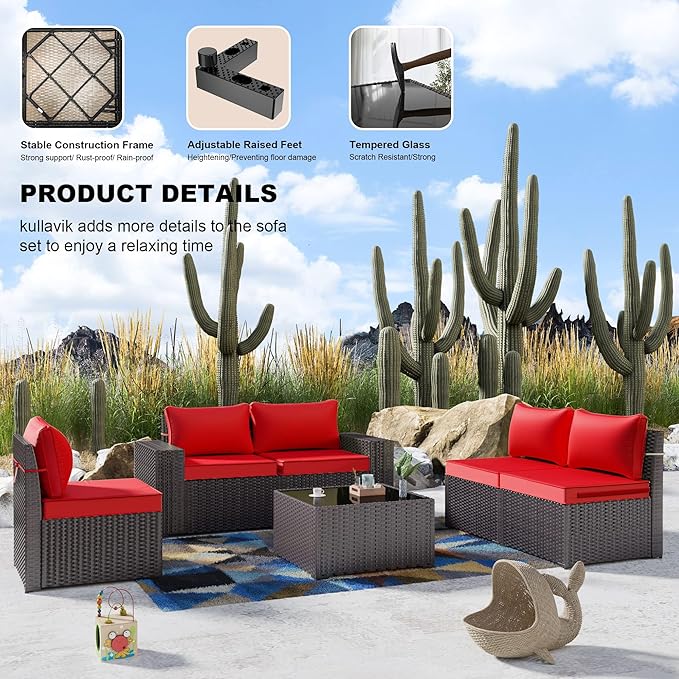 Kullavik 6PCS Outdoor Patio Furniture Set PE Wicker Rattan Sectional Sofa Pat...