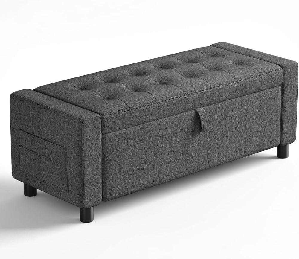 Amada 46" Storage Ottoman Bench, Side Pocket, Safety Hinge, Dark Gray
