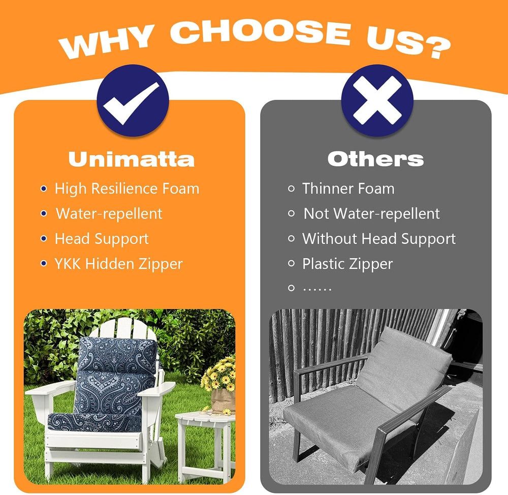 Unimatta Outdoor High Back Chair Cushion Seat Pads, 44 x 21 Inch Water-Repell...