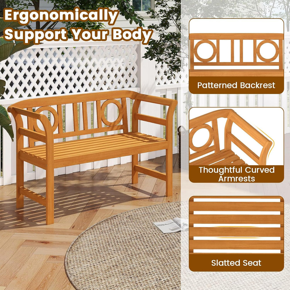Tangkula Acacia Wood Outdoor Bench, 2-Person Garden Bench, Circle Backrest