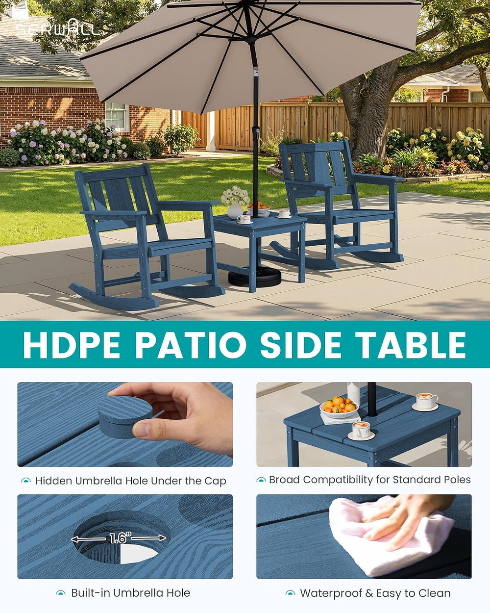 SERWALL 3-Piece Patio Furniture Set with 2 Rocking Chairs & Table, Blue