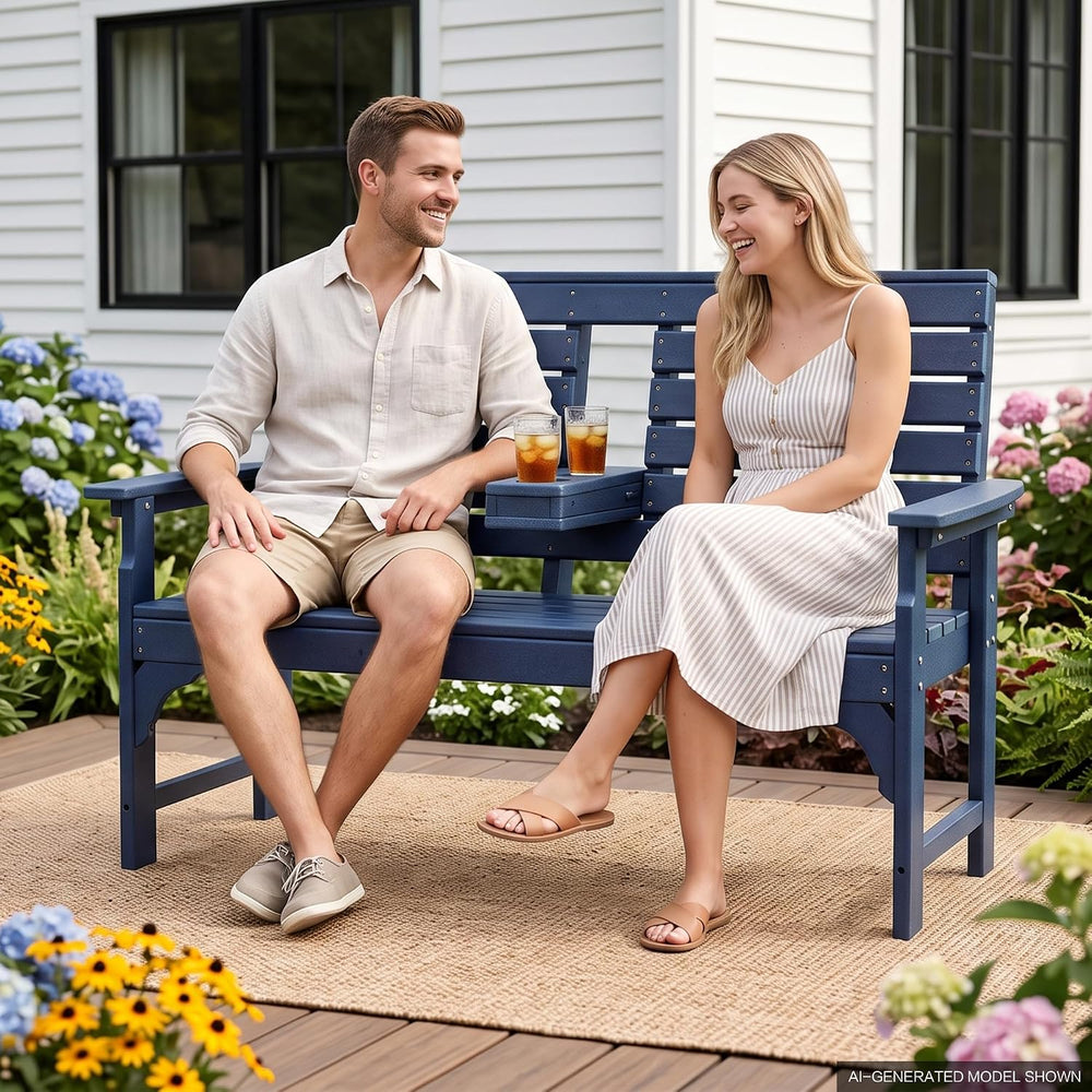 Outdoor Bench Weatherproof - HDPE 2-Person Garden Bench with Cup Holders, Ben...