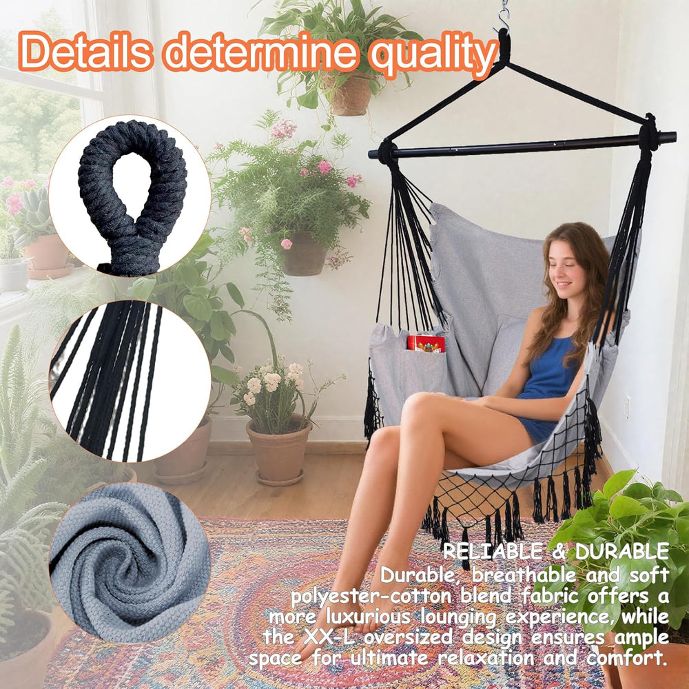 Hammock Chair Hanging Rope Swing Chair,Max 450 Lbs, Large Hanging Chair with ...