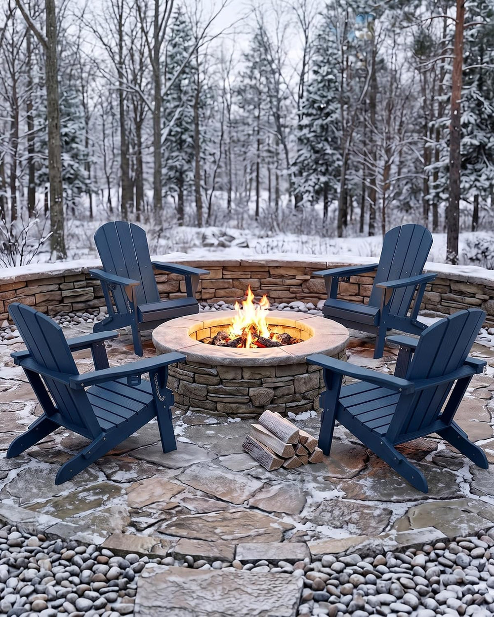 PLUUV Adirondack Chair Set of 6, Fire Pit Chairs with Cup Holder, Navy