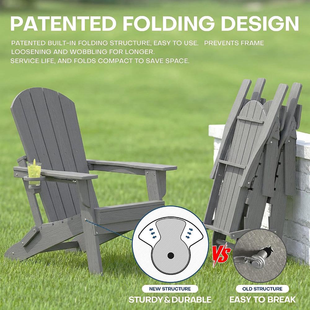 HDPE Folding Adirondack Chair with Cup Holders, Grey