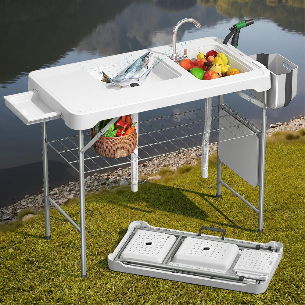 Folding Fish Cleaning Table with 2 Sinks, 42.5'' Portable Camping Sin...