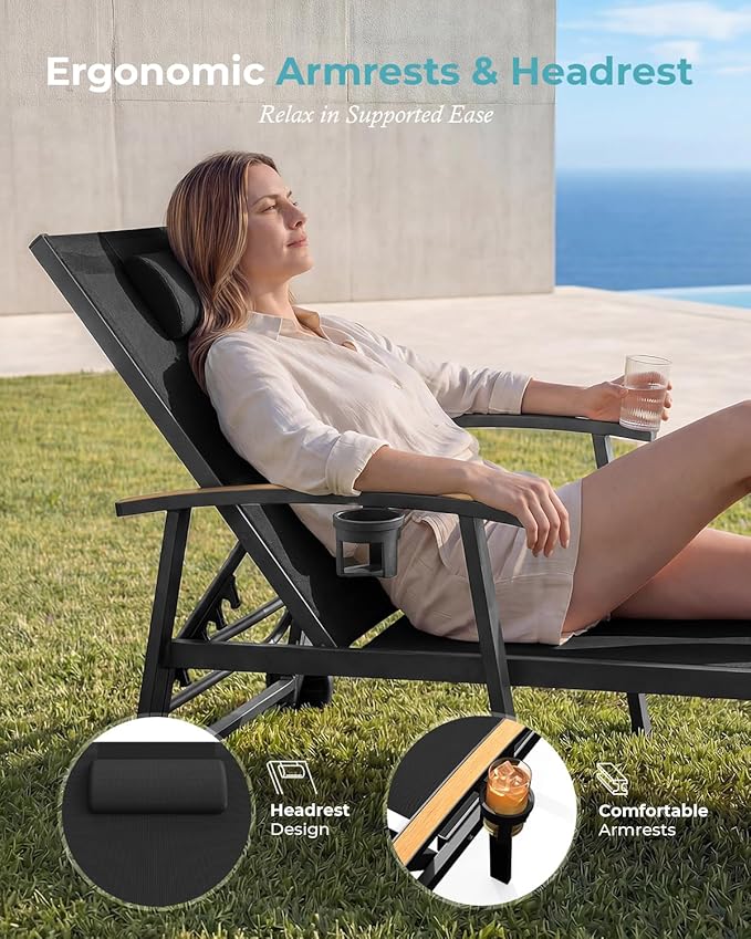 Ciokea Outdoor Lounge Chair with Pillow Set of 2, 5-Position Aluminum Chaise ...