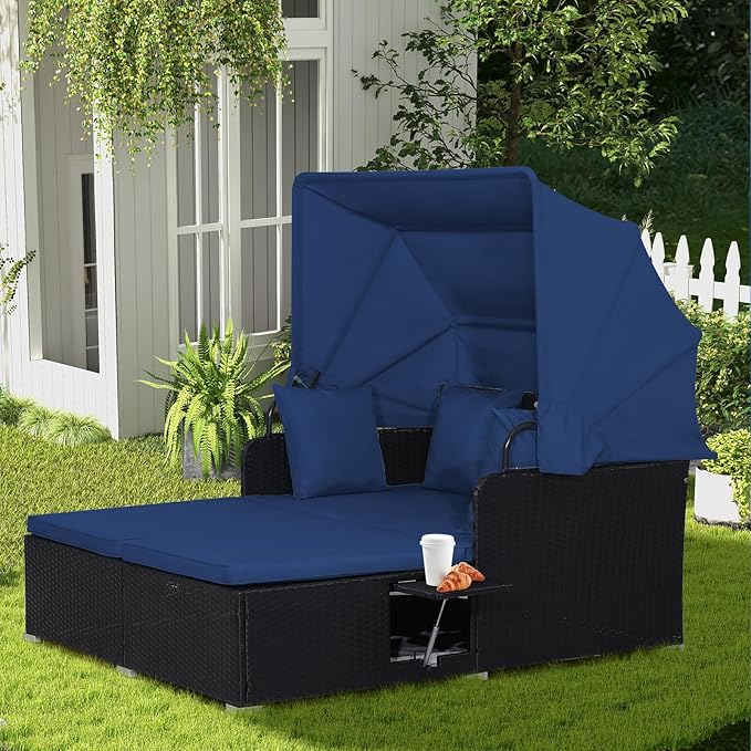 COSTWAY Outdoor Daybed with Retractable Canopy, Wicker Patio Furniture Set wi...
