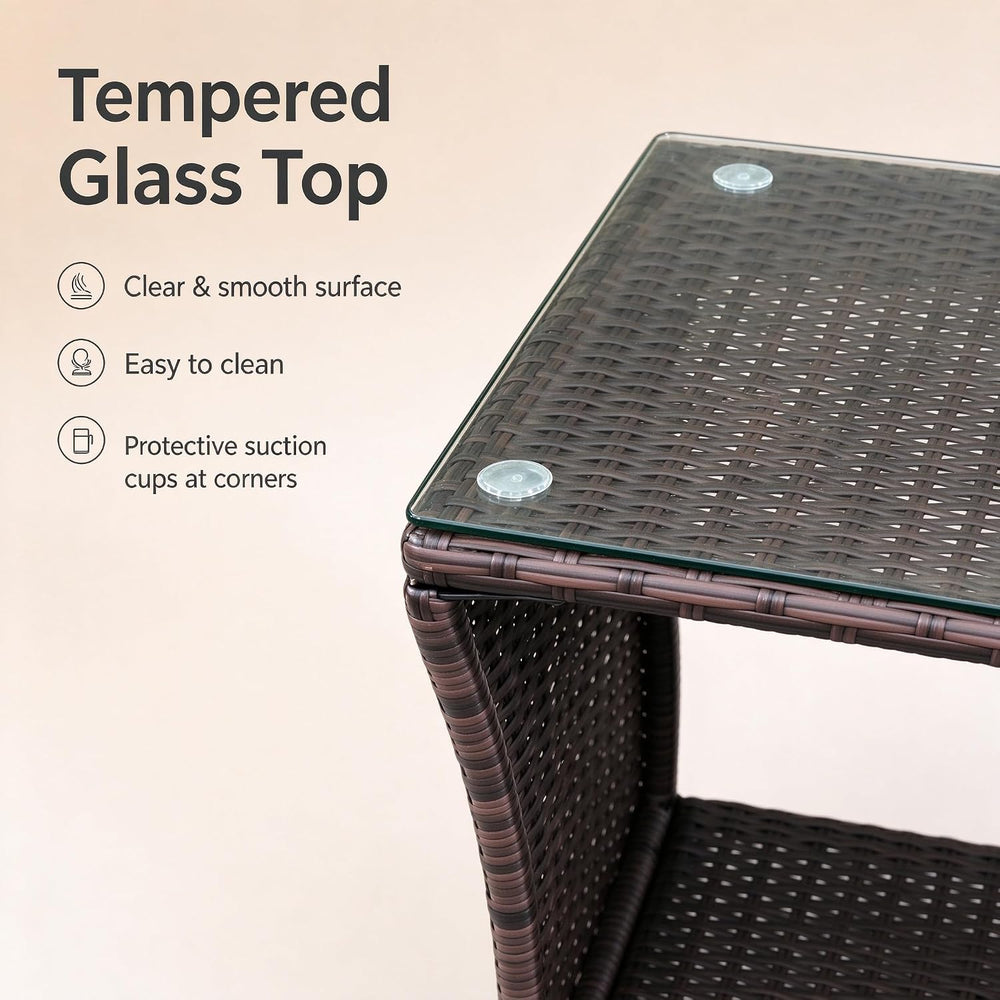 Outdoor Wicker Rattan Side Table, 2-Tier Storage, Glass Top, 105LBS