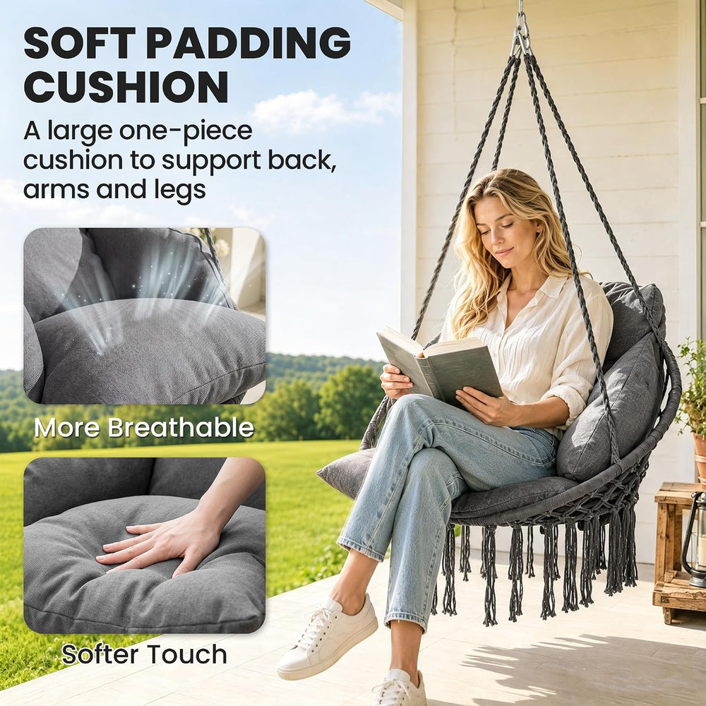 Outsunny Hammock Swing Chair w/Large Cushion Cotton Rope Chain Dark Gray