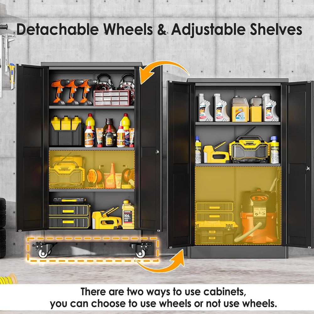 PAOFIN Metal Garage Storage Cabinet with Wheels,Steel File Cabinets with 2 Do...
