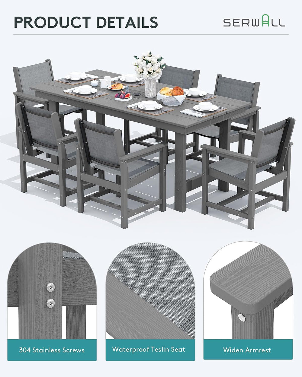 SERWALL 7 Pcs HDPE Patio Dining Set, HDPE Dining Set for 6, Gray