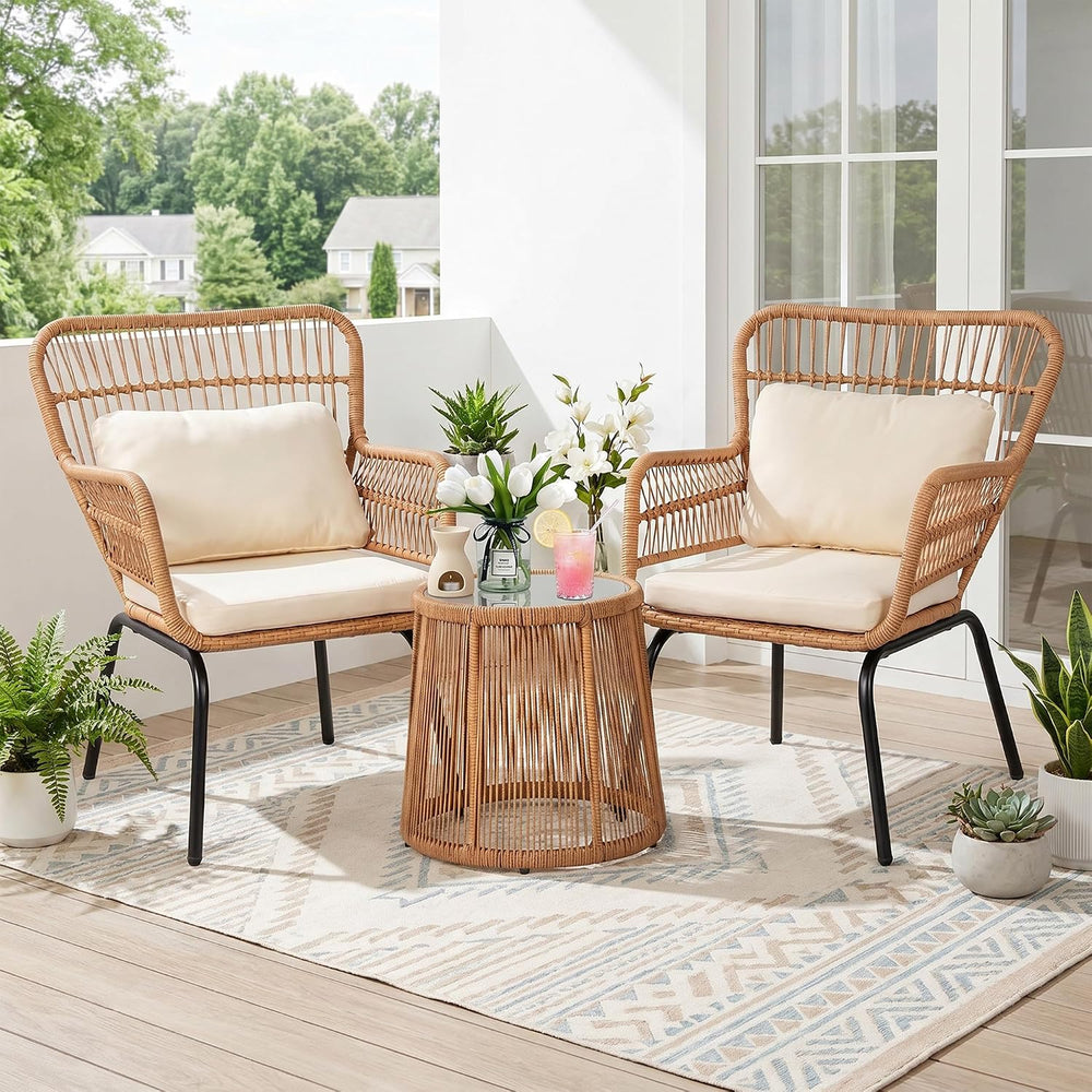 3 Piece Outdoor Wicker Furniture Bistro Set, Rattan Chairs Conversation Sets ...