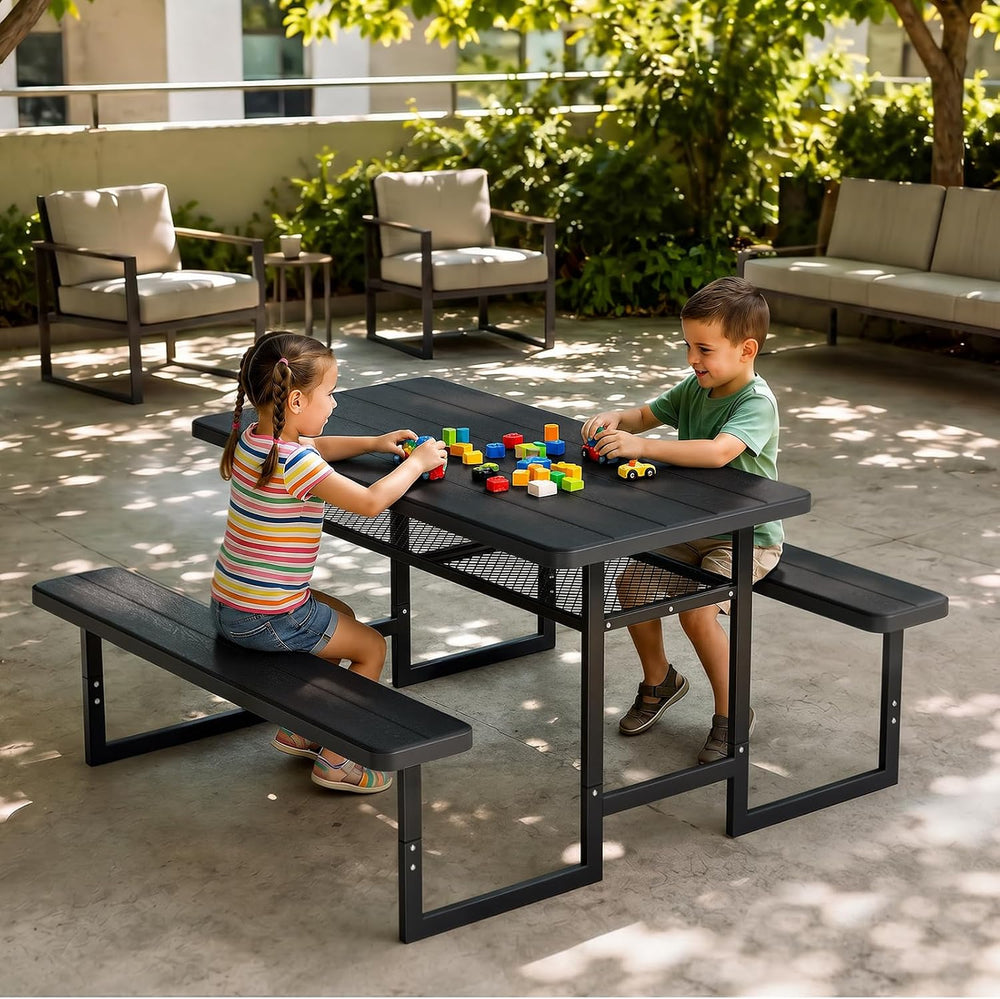 VINGLI 4.5FT Outdoor Picnic Table with Storage Shelf & Umbrella Hole, All...