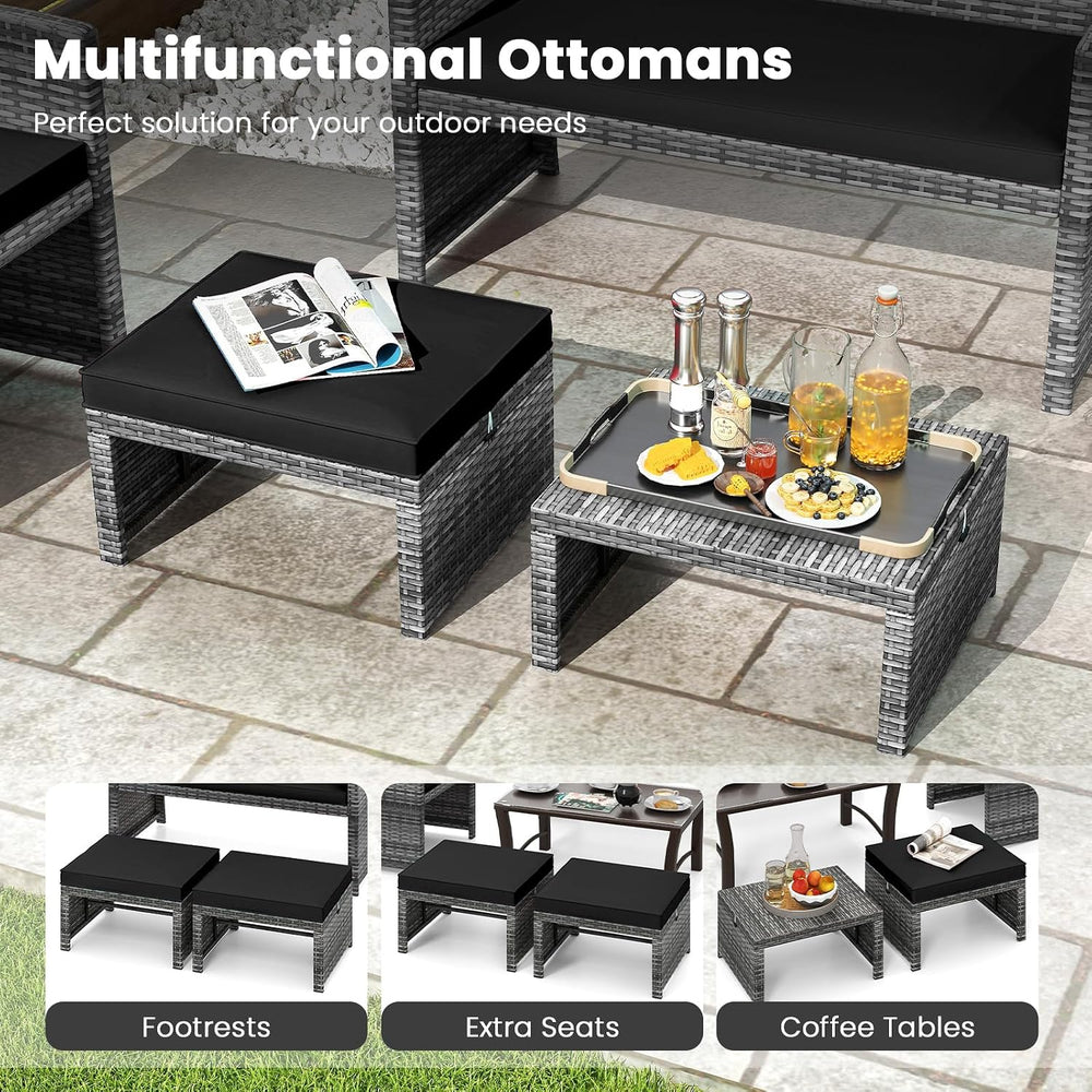 Tangkula 2 Pieces Patio PE Rattan Ottomans, Multipurpose Outdoor Footstool Fo...