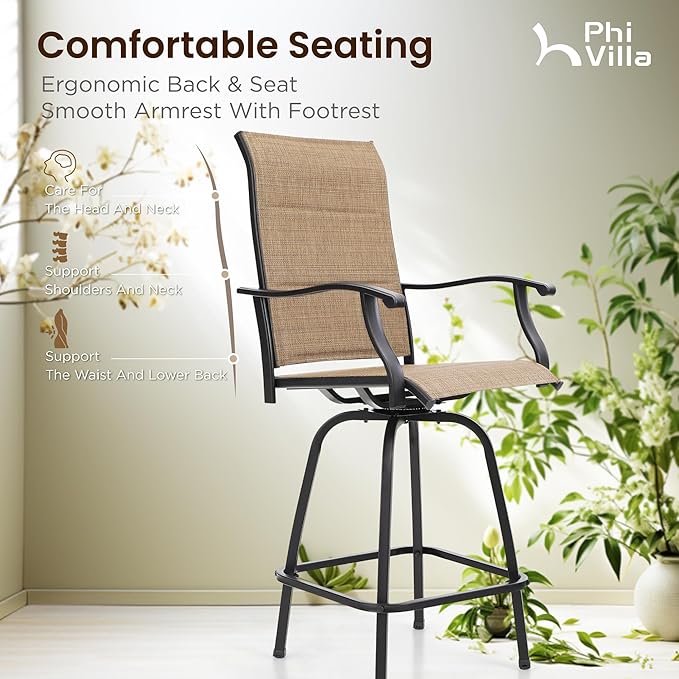 PHI VILLA 3 Piece Outdoor Swivel Bar Stools Set, Bar Height Patio Set with 2 ...