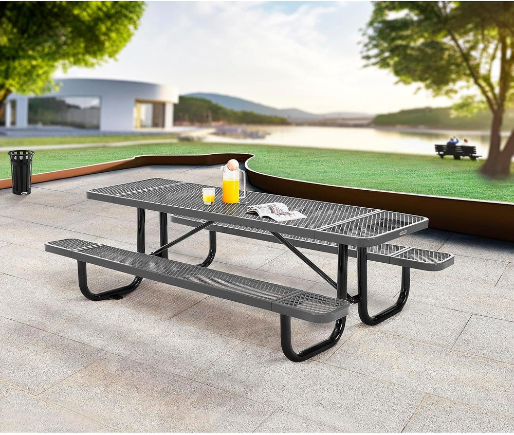 Global Industrial 8’L Rectangular Picnic Table, Expanded Metal, Gray Thermopl...