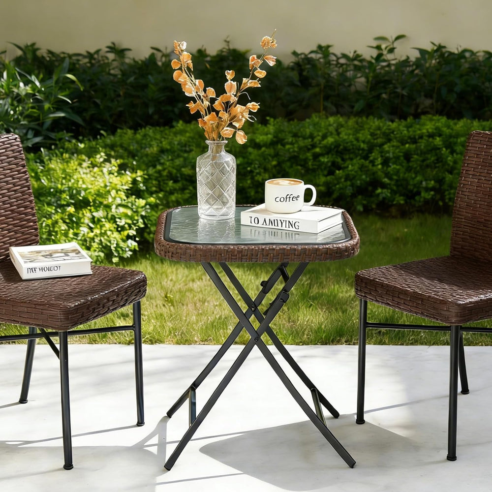 VINGLI 18in Modern Brown Rattan Folding Glass Outdoor Side Table, Small Patio...